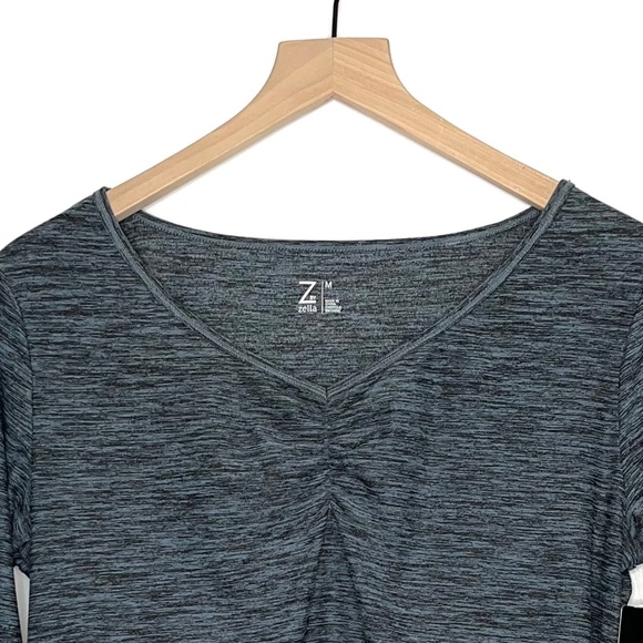 Zella V Neck Ruched Long Sleeve Workout Shirt Gray Blue - Picture 4 of 4